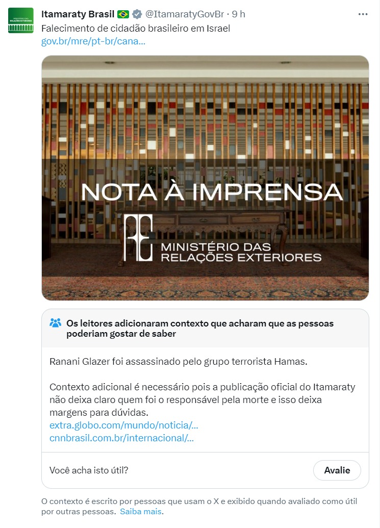 Antigo Twitter corrige Governo Lula: "Brasileiro foi assassinado por grupo terrorista Hamas"