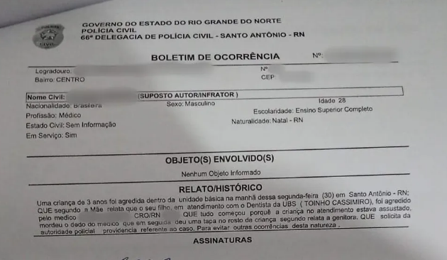 Mãe acusa dentista de dar tapa no rosto de paciente de 3 anos durante atendimento no RN