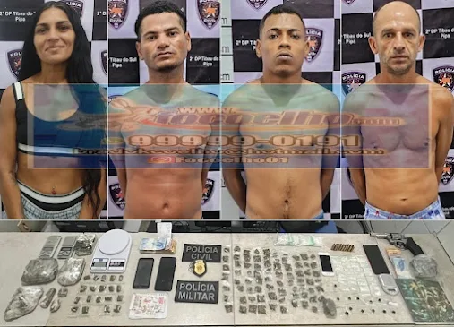 Mulher sorri para foto após ser presa com 3 homens suspeitos de tráfico de drogas em Tibau do Sul