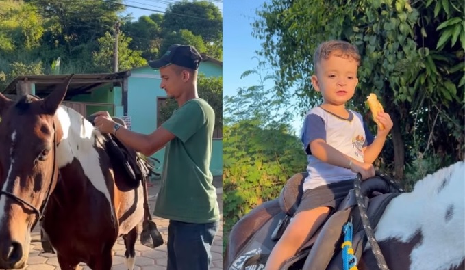 [VÍDEO] Pais fazem surpresa para filho e o buscam na creche a cavalo