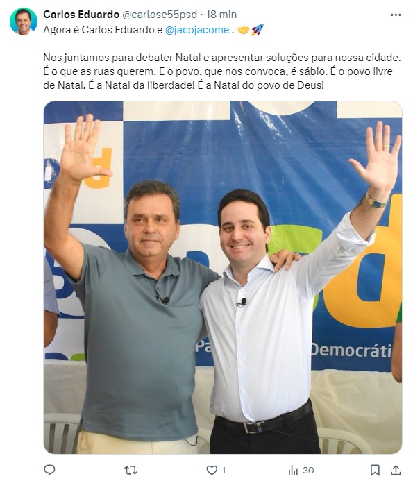 Confirmado: Carlos Eduardo anuncia Jacó Jácome como vice em evento do PSD