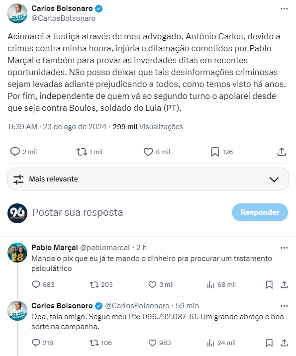 Carlos Bolsonaro anuncia processo contra Pablo Marçal; Influencer rebate: manda o PIX 