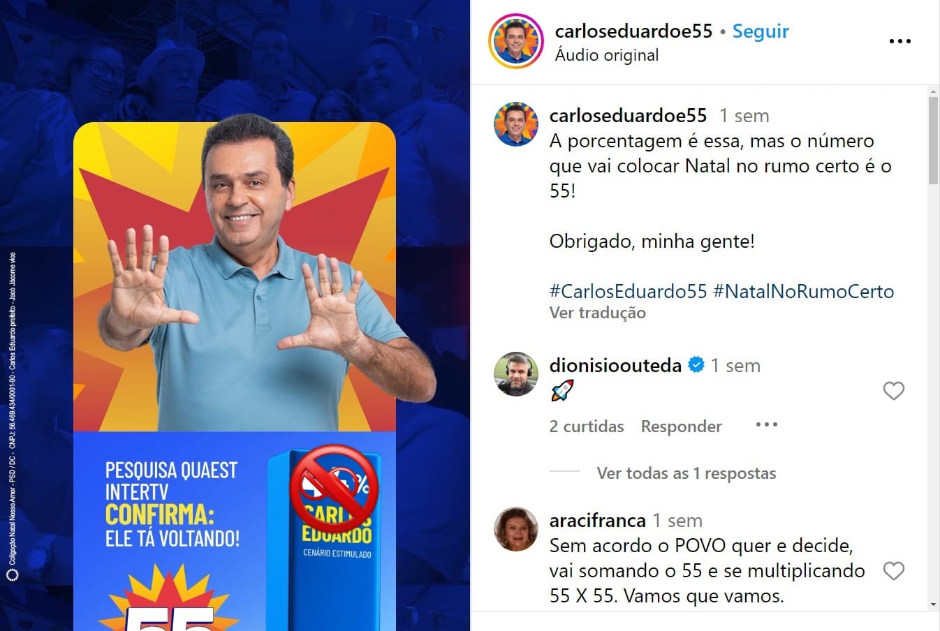 Campanha de Carlos Eduardo mantém post com números de pesquisa irregular da Quaest