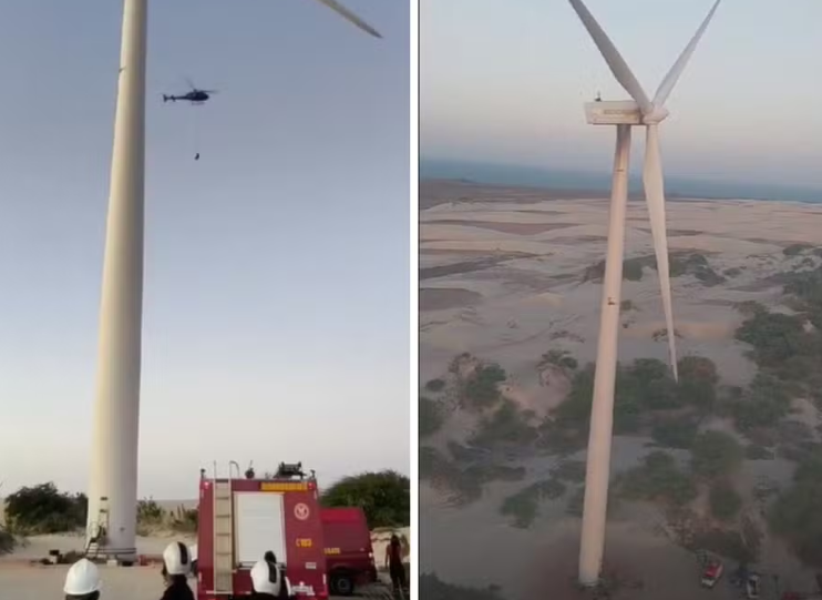 Trabalhadores são resgatados por helicóptero no alto de torre eólica após incêndio no equipamento no RN