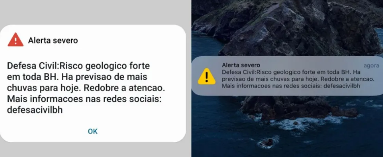 Defesa Civil emite alerta sonoro em celulares para avisar sobre risco geológico em BH