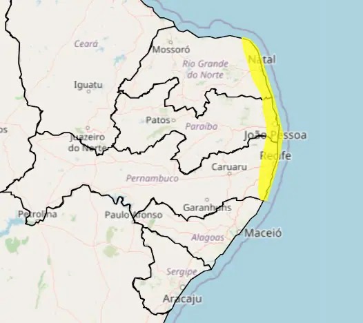 Regiões no litoral nordestino com previsão de chuva para o domingo 6 | Foto: Reprodução/Inmet