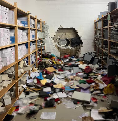 Esta foto divulgada pela polícia de Gelsenkirchen mostra um enorme buraco na parede do cofre de uma agência do banco Sparkasse, após invasores terem entrado no local durante o período natalino Foto: Polícia da Alemanha / AFP