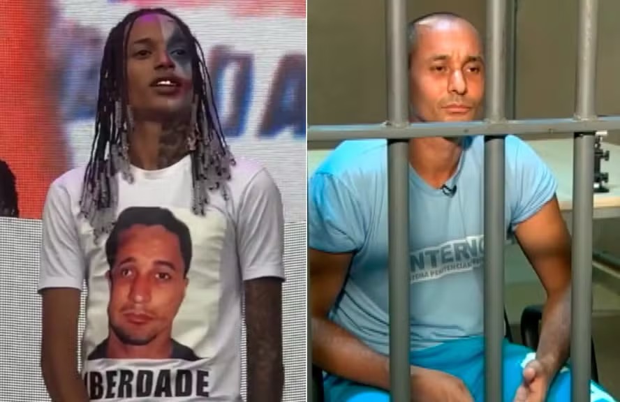 Oruam com camisa em que pede a liberdade do pai, durante show no Lolollapalooza, e Marcinho VP na cadeia — Foto: Reproduções Multishow e Record