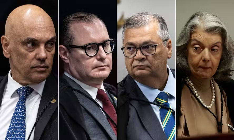 Alexandre de Moraes, Cristiano Zanin, Flávio Dino e Cármen Lúcia integram a Primeira Turma do STF — Foto: Brenno Carvalho e Cristiano Mariz
