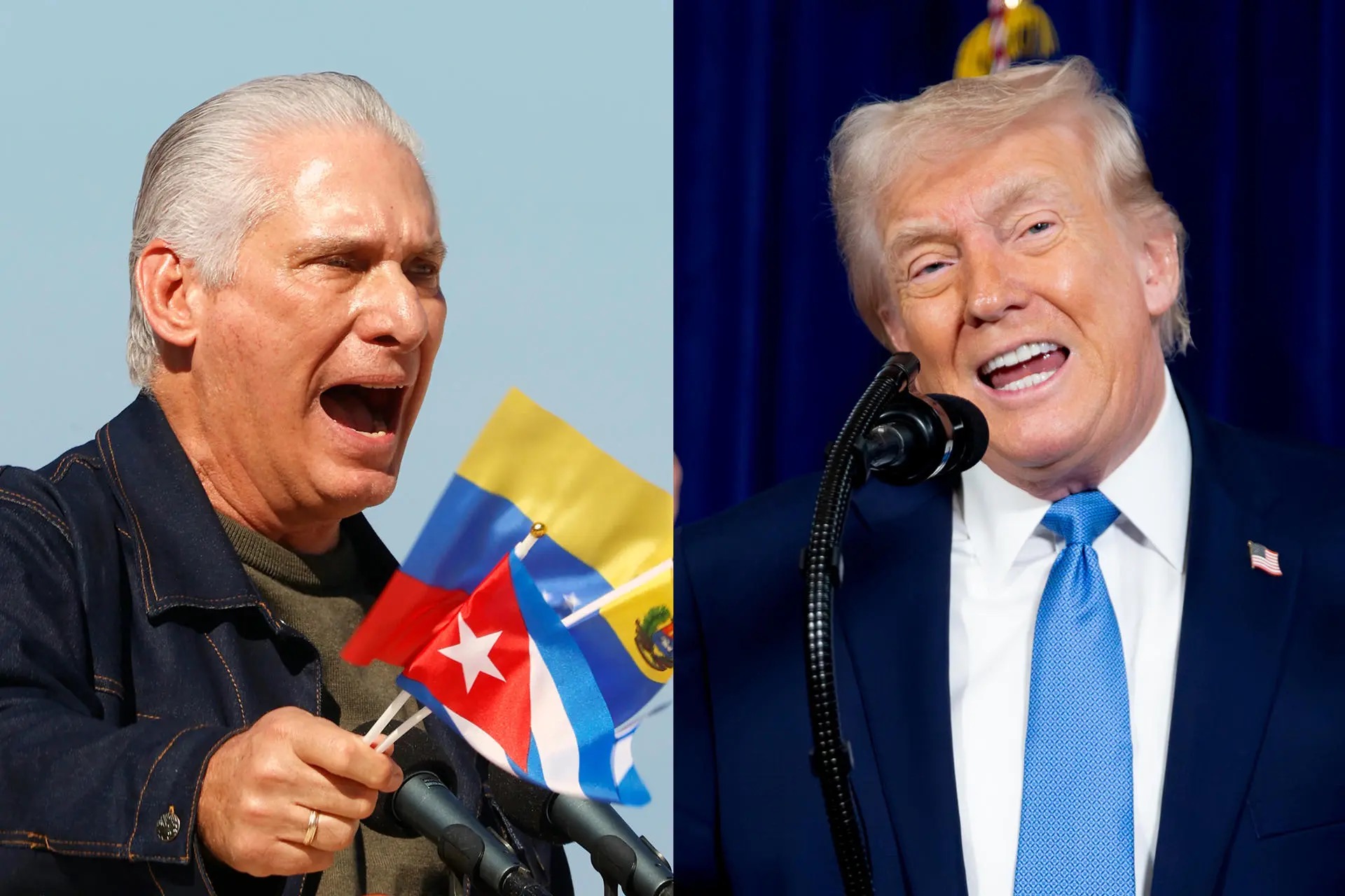 Donald Trump e o ditador de Cuba, Miguel Díaz-Canel. (Foto: Ernesto Mastrascusa/Nicole Combeau/EFE/Arquivo)