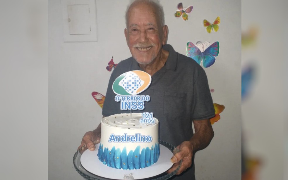 Idoso comemora 121 anos com bolo temático em Aparecida de Goiânia: "O terror do INSS"