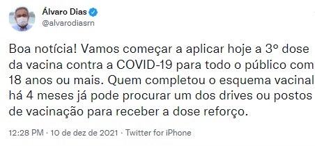 Prefeito de Natal anuncia 3ª dose para todo mundo que se vacinou há mais de 4 meses