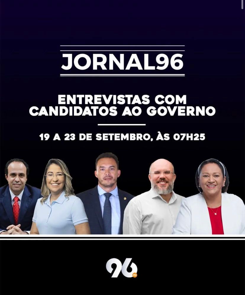 Jornal 96 inicia sabatinas com candidatos ao Governo do RN nesta segunda; Fábio Dantas será o primeiro