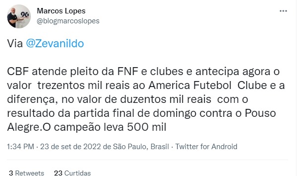 CBF faz o "pix" para América e antecipa premiação da final da Série D: R$ 300 mil