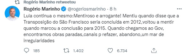 Rogério Marinho responde ataque e afirma que Lula: "Continua arrogante e mentiroso"