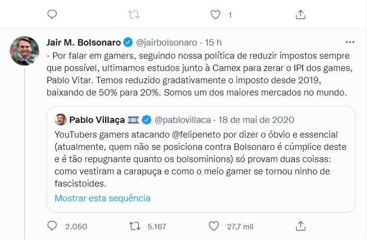 No Twitter, Bolsonaro se confunde e chama "Pablo Villaça" de "Plabo Vittar"