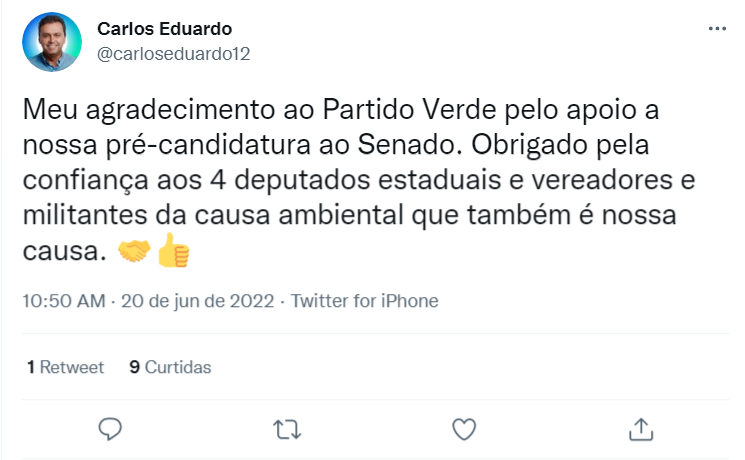 PV volta atrás e decide apoiar Carlos Eduardo Alves ao cargo de Senador