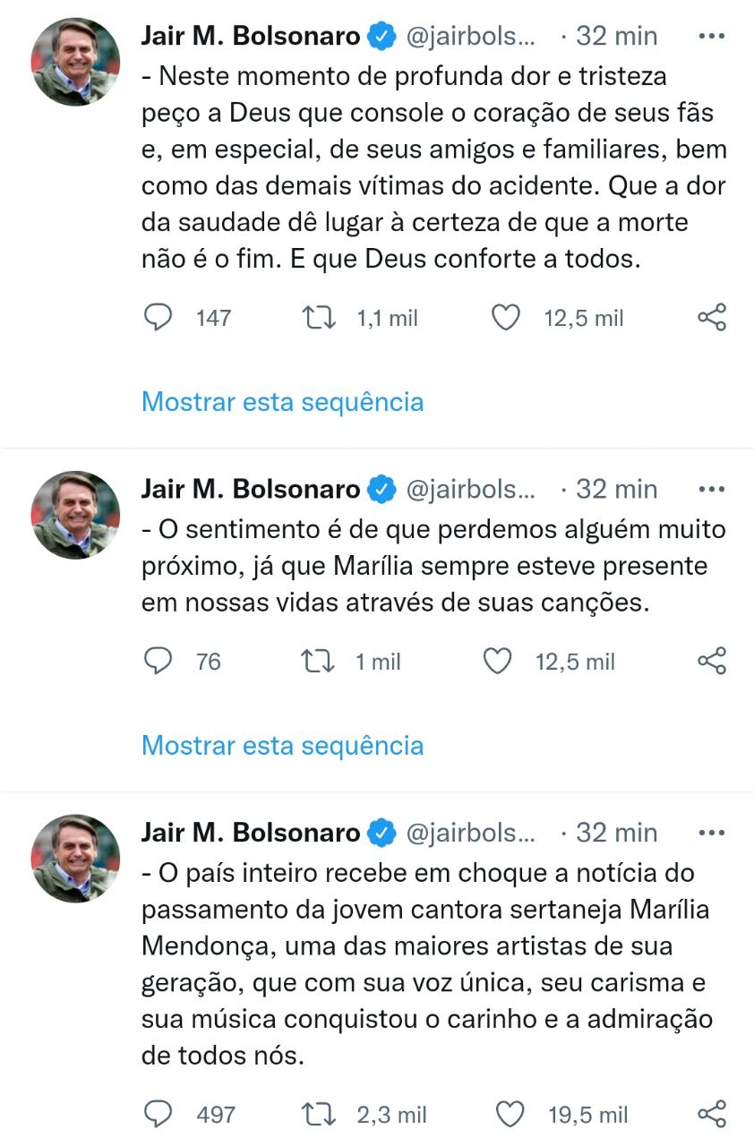 "Sentimento é de que perdemos alguém muito próximo", diz Bolsonaro sobre Marília