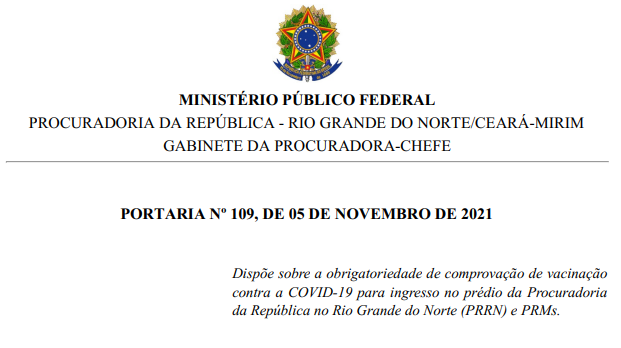 Comprovante de vacinação passa a ser exigido para ingresso nos prédios do MPF no RN