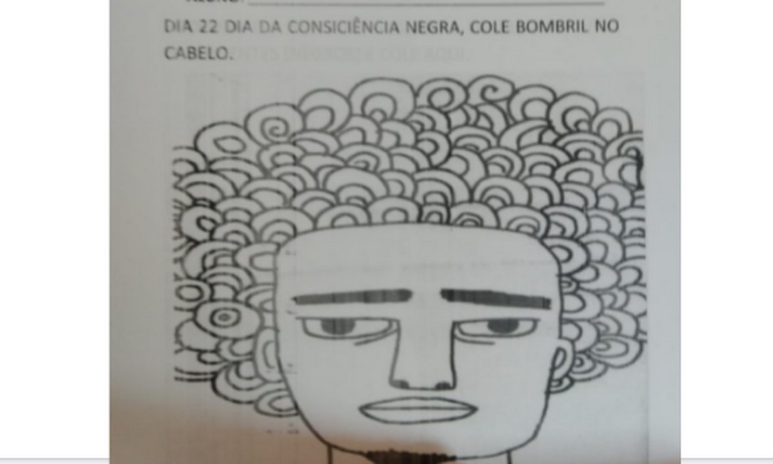 Tarefa pelo Dia da Consciência Negra pede que alunos colem palha de aço em desenho para representar cabelo