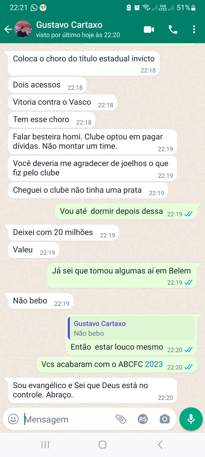 [FOTOS] Vazam prints de suposta discussão entre torcedor e ex-dirigente do ABC: "Deveriam me agradecer de joelhos"