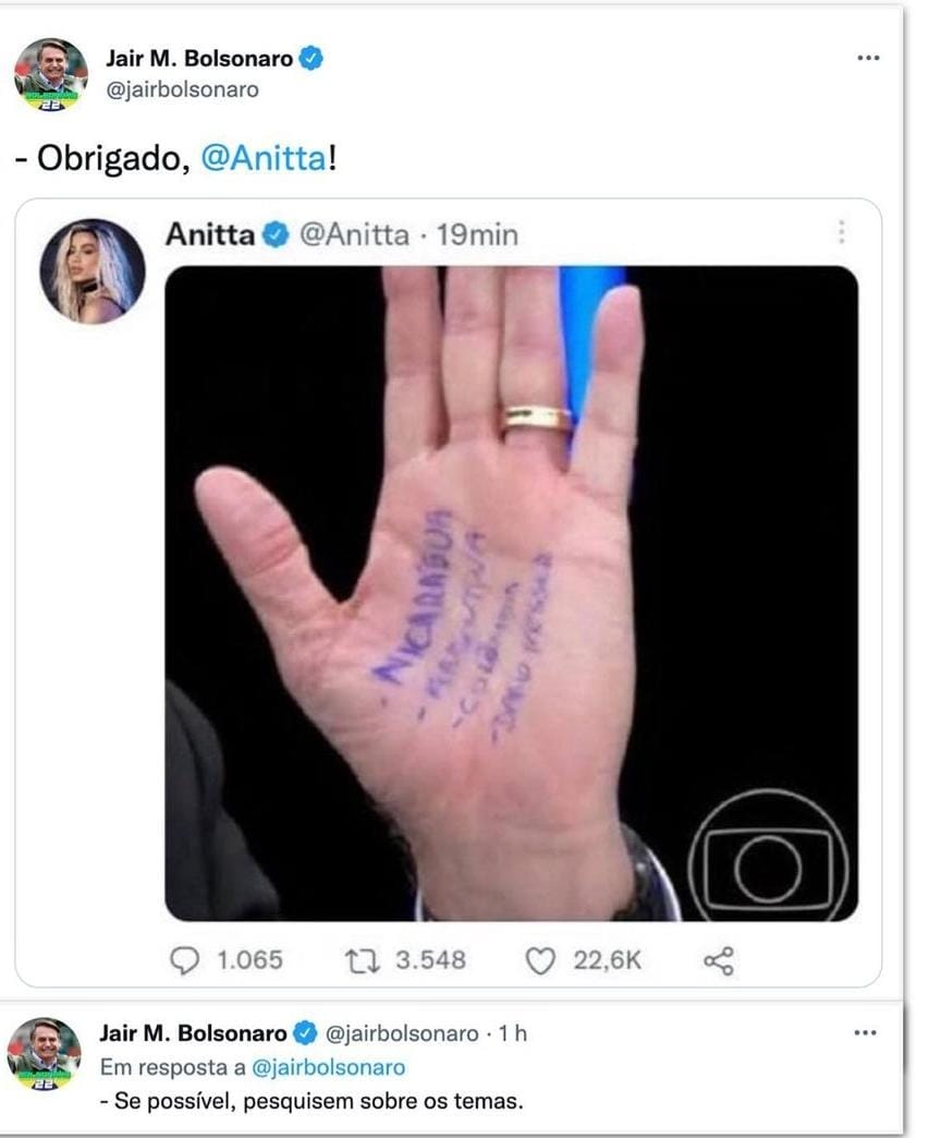 Bolsonaro monta armadilha e Anitta cai ao compartilhar imagem da "cola"