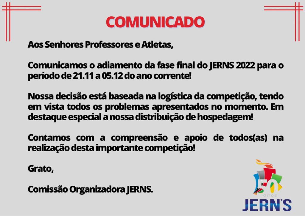 Organização dos JERNS adia competição às vésperas da data marcada