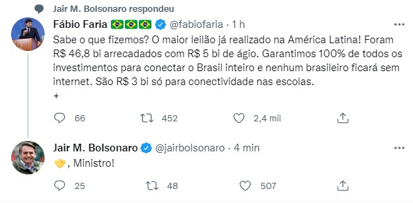 Bolsonaro responde com um "🤝" fala de ministro potiguar sobre Leilão 5G