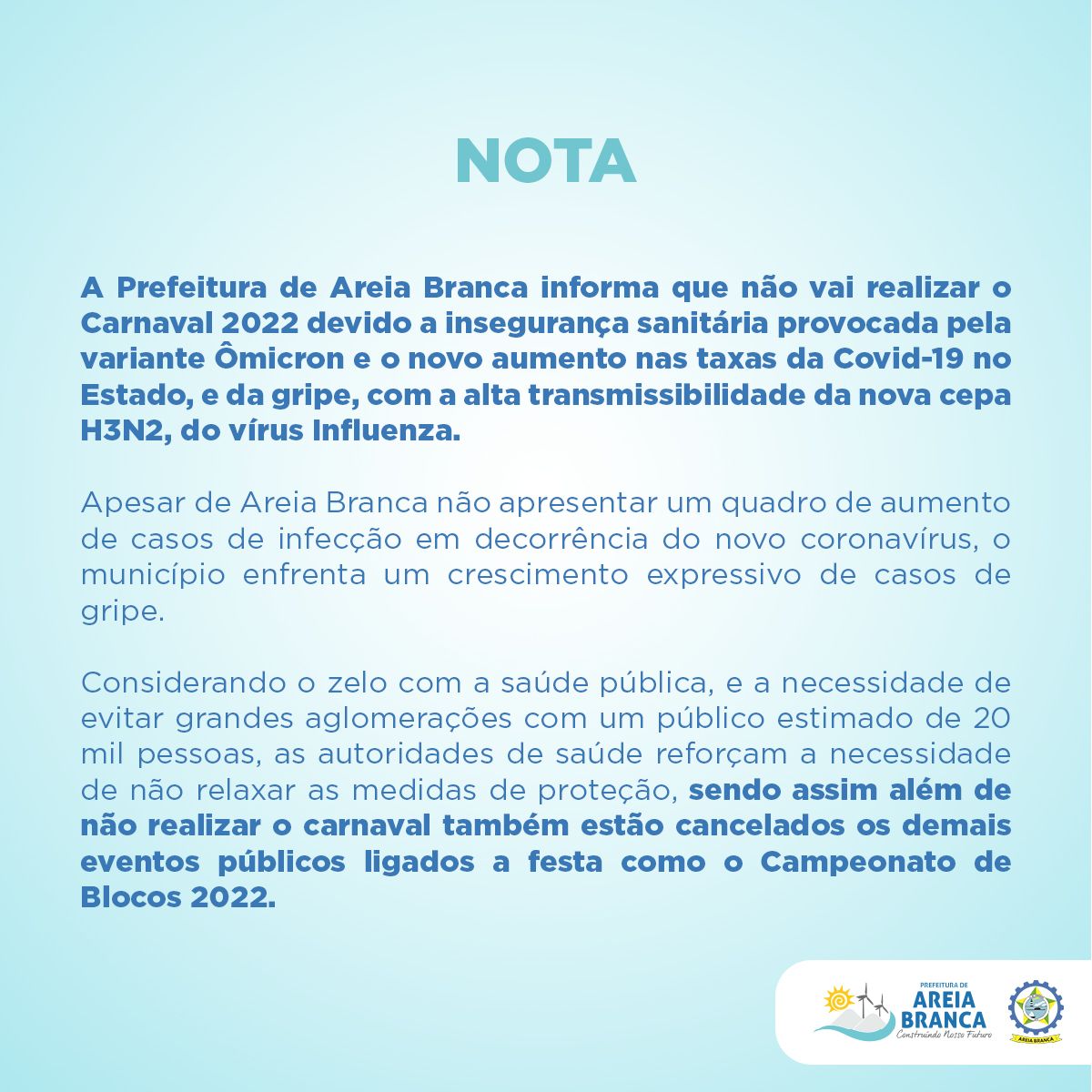 Mais uma Prefeitura do interior anuncia cancelamento do Carnaval 2022; Veja qual