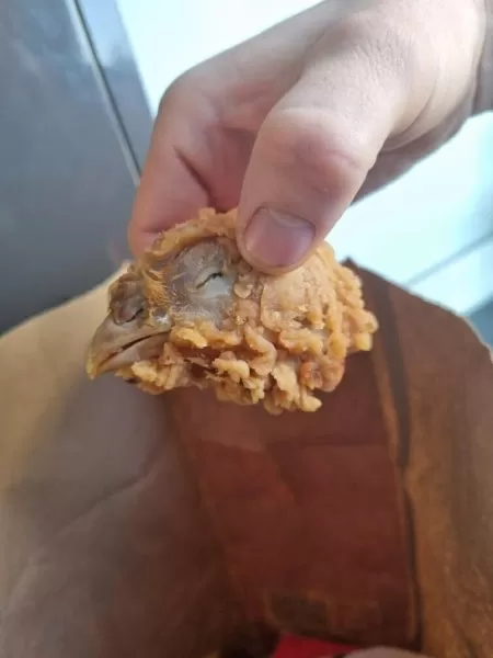 Cliente recebe cabeça de galinha em pedido de frango frito