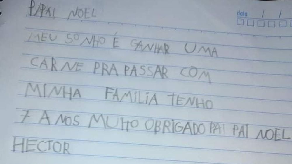 Menino de sete anos pede carne em carta ao Papai Noel no Rio Grande do Sul