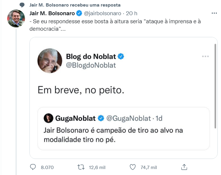 Grave: Ricardo Noblat sugere "tiro no peito" de Bolsonaro; Presidente responde e o chama de "bosta"