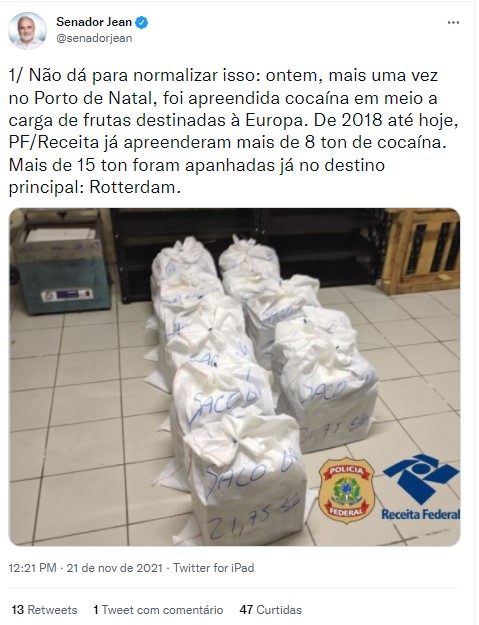 Senador do RN cobra respostas sobre cocaína no Porto de Natal: "Quem são os chefes disso?"