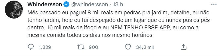 Whindersson cita gastos em coisas que nunca teve para comentar despejo: "R$ 16 mil de Ifood e nem tenho este...