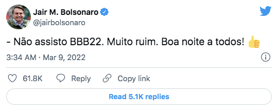 Jair Bolsonaro diz que não assiste o ‘BBB22’ e detona reality