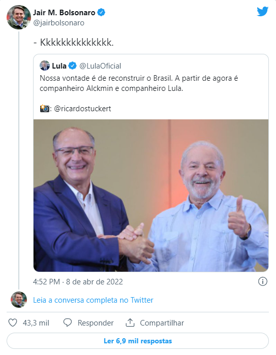 Bolsonaro ironiza “companheiros” Lula e Alckmin: “Kkkkkkkkkkkkkk”