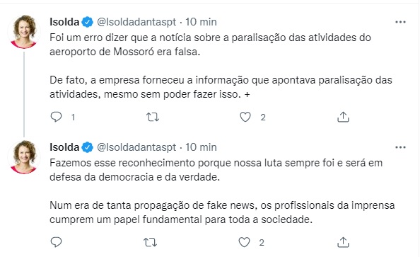 Deputada do PT pede desculpas após acusar jornalistas de fakenews sobre aeroporto de Mossoró