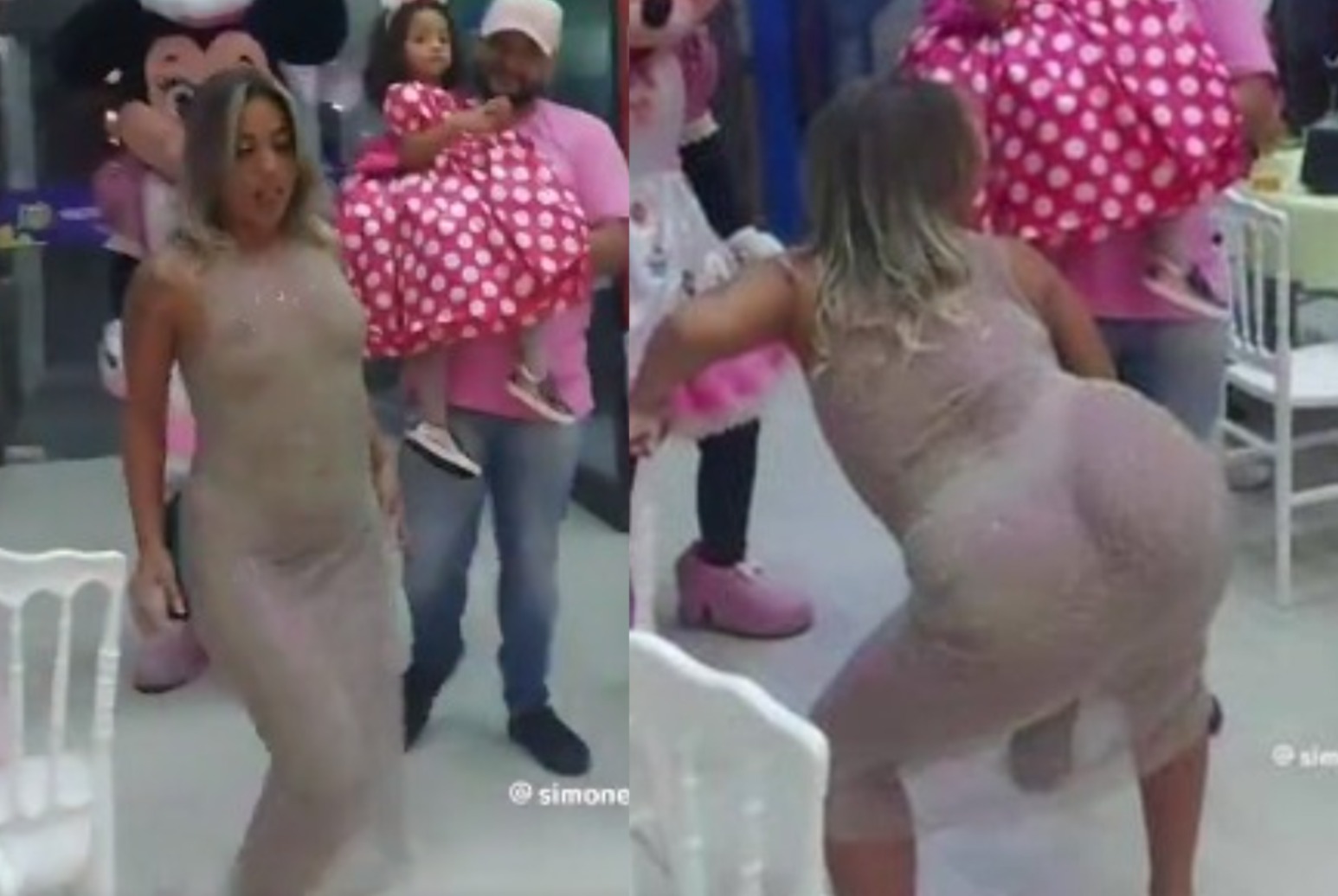 [VIDEO] Mulher viraliza ao dançar com vestido transparente no aniversário da filha criança