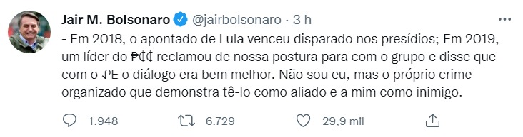 Bolsonaro desafia Alexandre de Moraes e publica post ligando Lula ao PCC